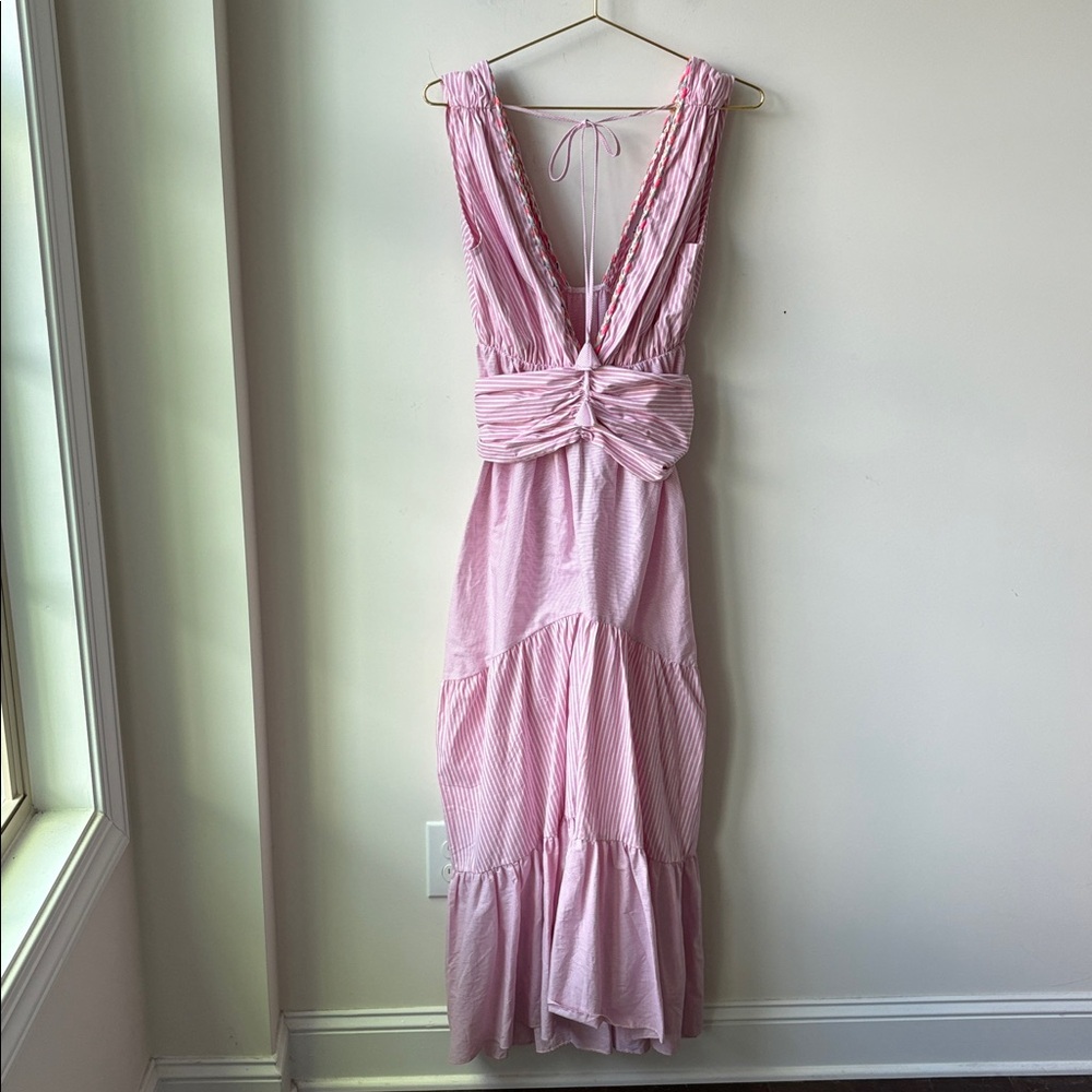 Misa Kensie Tiered Maxi Dress Pink White Pin Stripes Open V Tie Waist Size L